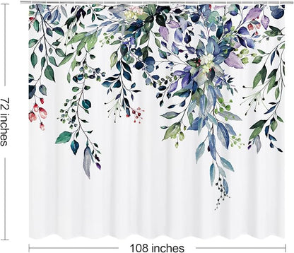 Green Eucalyptus Shower Curtain, Watercolor Floral Print, 108x72 | Watercolor Plant Leaves Floral Print, Extra Wide Waterproof Fabric Bathroom Decor, Machine Washable, Rustproof Grommets