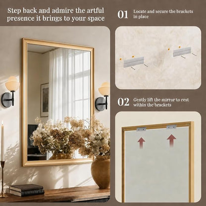Brushed Gold Bathroom Mirrors for Over Sink 30x40 Inch | Curved Aluminum Frame Rectangle Vanity Mirror for Bedroom Living Room Entryway, HD Tempered Glass, Anti-Rust