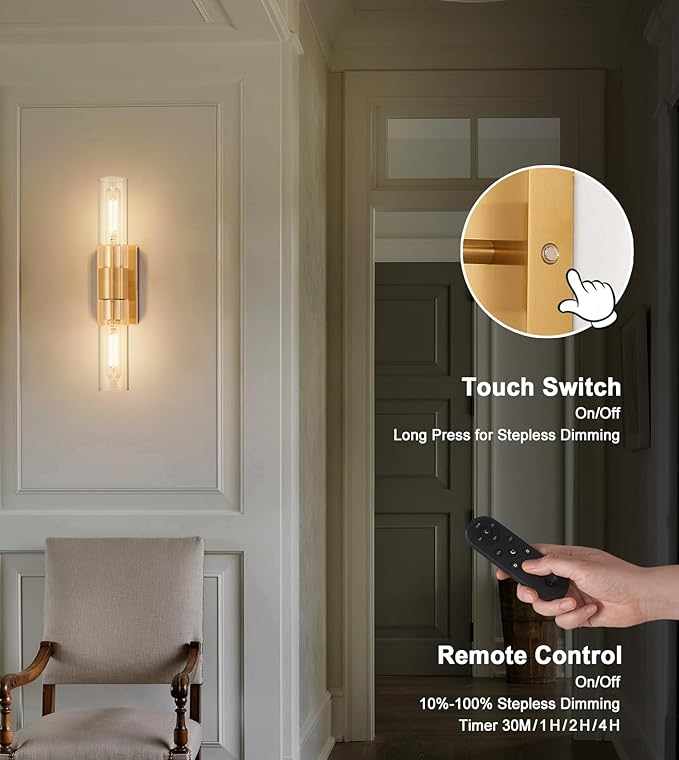 Gold Battery Operated Wall Sconce Set of 2 with Remote Control, 12000mAh Rechargeable Wall Lights, Wireless Dimmable Wall Lamps for Bedroom Living Room Bathroom Hallway Entryway Stairwell
