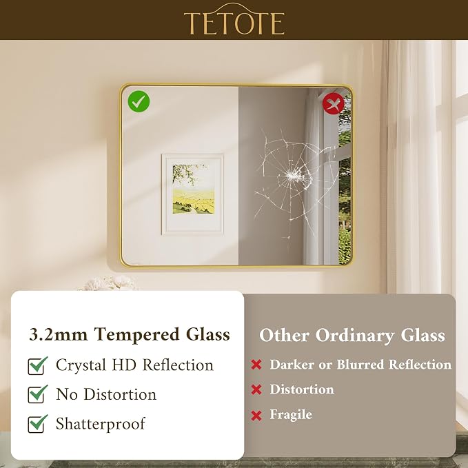 55 x 30 Inch Bathroom Mirror, Brushed Gold Metal Framed Wall Mounted Mirrors, Brushed Brass Rectangle Modern Decorative Vanity Mirror (Horizontal/Vertical)