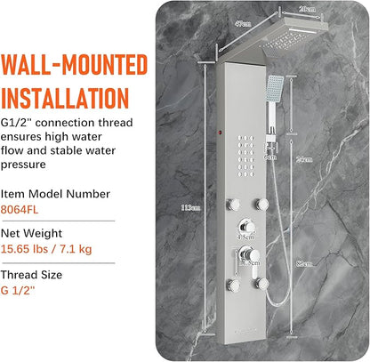 Fuz LED Shower Panel Tower System, 5 Function Stainless Steel Brushed Nickel Shower Tower with Rainfall Shower Head and Handheld, 4 Body Jets and Waterfall Tub Spout, High Pressure Shower Column