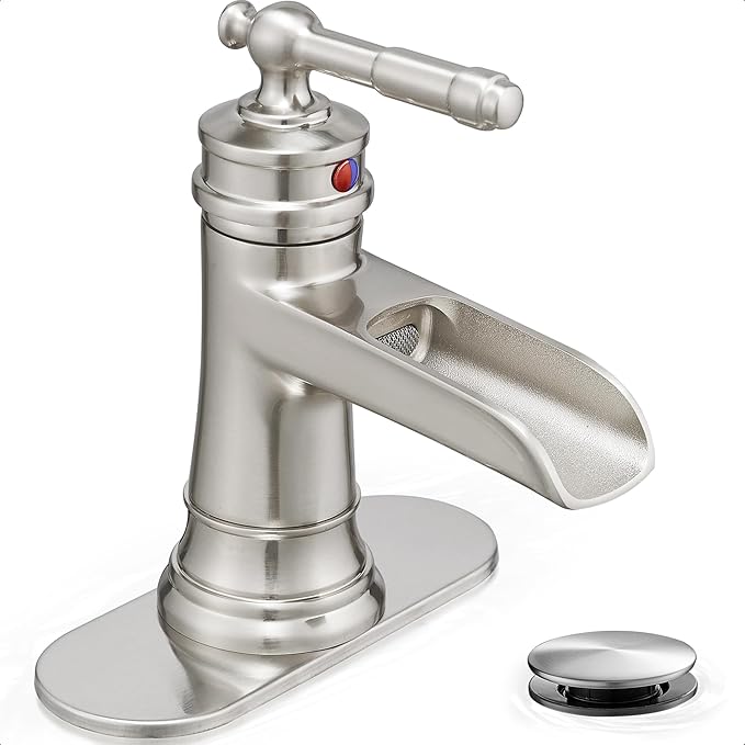 Brass Brushed Nickel Bathroom Faucet, Waterfall Faucet for Bathroom Sink 1 Hole or 4 Inch 3 Holes, One Handle with Deck Plate, Pop Up Drain & cUPC Supply Hoses for Modern Lavatory RV Washroom