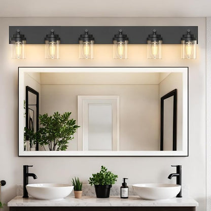 IZORRO Bathroom Vanity Light Fixture, 6-Light 46 Inch Matte Black Bathroom Light Fixtures Over Mirror, with Clear Glass Shade, Modern Farmhouse Vanity Lights, Rustic Restroom Lighting Fixtures