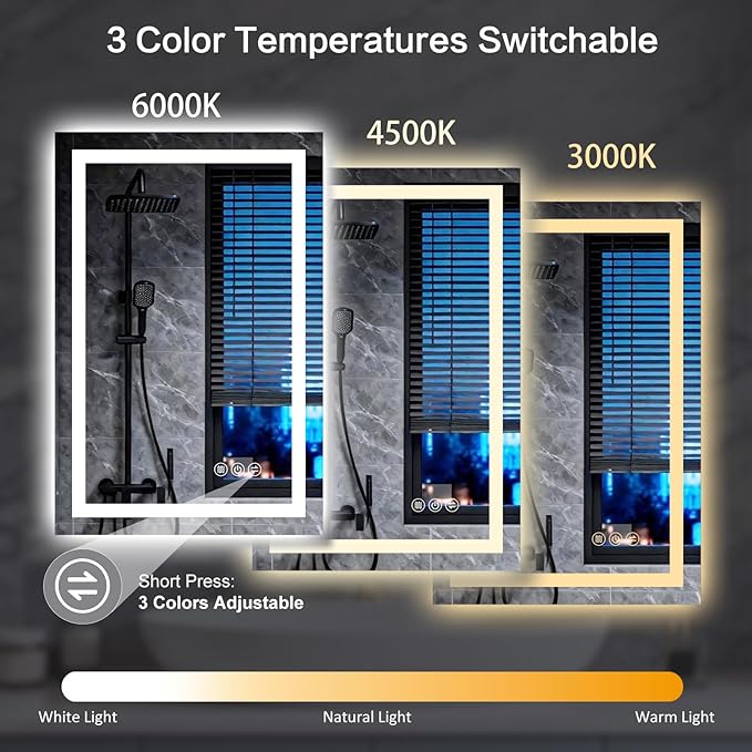 20"x 28" Led Mirror for Bathroom with Front Light and Backlit, Dimmable, 3 Colors Led Mirror, Memory Function, Anti-Fog, Led Vanity Mirror for Wall, Tempered Glass, Shatter-Proof