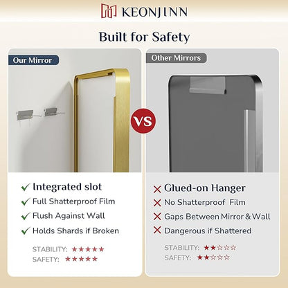 Keonjinn Gold Bathroom Mirrors for Over Sink, 28” x 36” Rounded Rectangle Brushed Gold Vanity Mirror, Anti-Rust Brass Mirror with HD Tempered Glass, Decorative Farmhouse Mirrors, Horizontal/Vertical