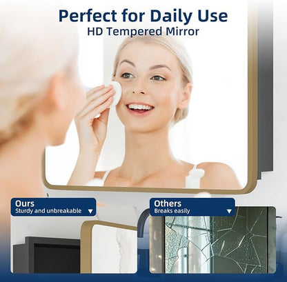 Medicine Cabinet 20 x 28 Inch, Brush Gold Bathroom Medicine Cabinet with Mirror,Metal Beveled Mirror, Adjustable Shelves, Recessed or Wall Mount, Sturdy & Solid, Bathroom Mirror with Storage