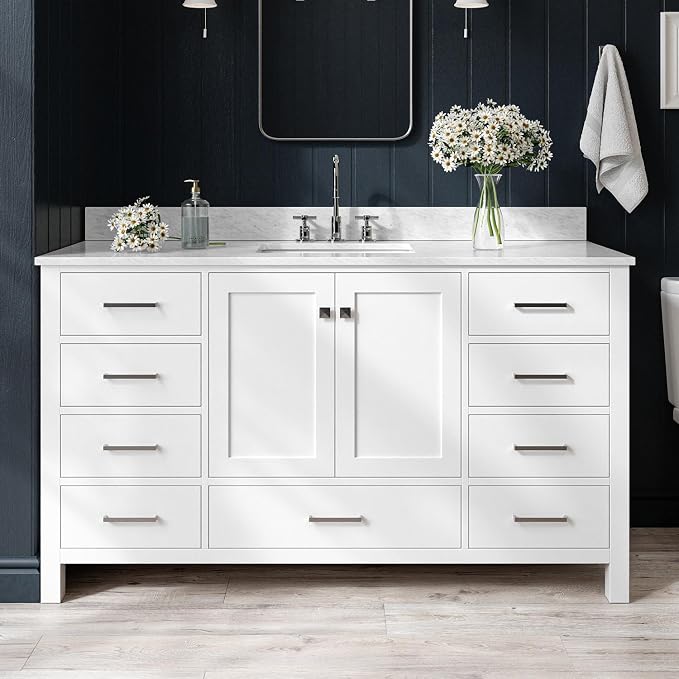ARIEL Cambridge 60-inch Bathroom Vanity with Sink,Solid Wood, 0.75-inch Italian Carrara Marble Countertop, Single Rectangular Porcelain Sink, 2 Soft Closing Doors, 9 Dovetail Drawers, White