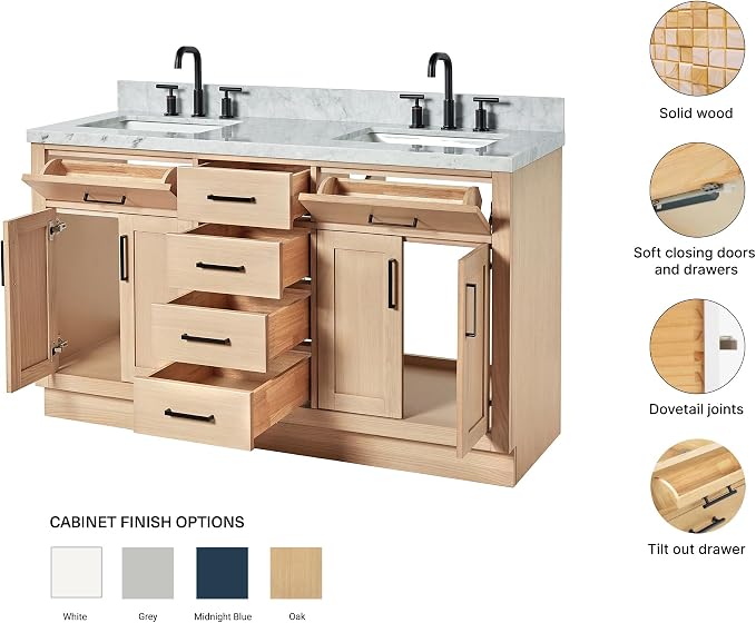ARIEL Hepburn 60-inch Bathroom Vanity with Sink,Solid Wood, 1.5-inch Italian Carrara Marble Countertop, Double Rectangular Porcelain Sink, 4 Soft Closing Doors, 6 Dovetail Drawers, White Oak