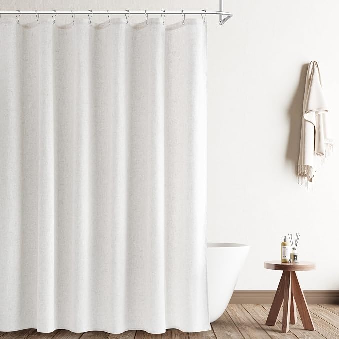 Natural Linen Shower Curtain, Country Boho Farmhouse Bath Decor Shower Curtains Neutral Cloth Weighted Textured Fabric Bath Curtain Liner with Hooks, Beige White, 72x78