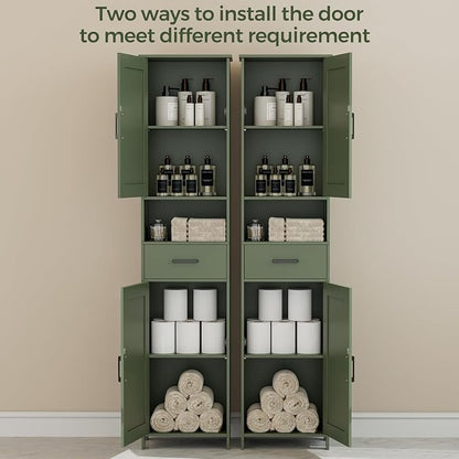 Homhedy 67" H Tall Bathroom Storage Cabinet with Barn Doors and Drawer | Narrow Storage Unit with Adjustable Shelves, Floor Cabinet for Bathroom, Living Room, Entryway or Kitchen, Green, 15.7" W