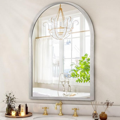 Arched Wall Mirror, 26"x18" Silver Arch Mirror, Metal Frame Bathroom Mirrors, Arched Vanity Mirror for Living Room Bedroom Mantel Entryway