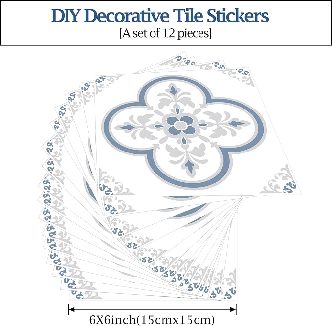 Peel & Stick Tile Stickers 12 PCS Self Adhesive Backsplash Decorative Wall Stickers for Kitchen Bathroom Tile Decals Waterproof & Removable 6" x 6" (Gray Flower)