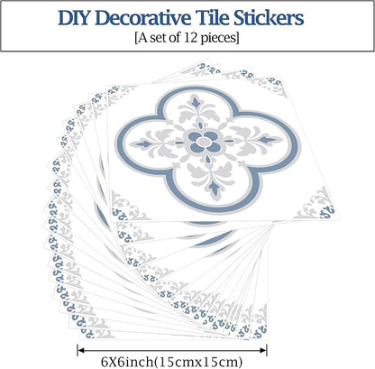 Peel & Stick Tile Stickers 12 PCS Self Adhesive Backsplash Decorative Wall Stickers for Kitchen Bathroom Tile Decals Waterproof & Removable 6" x 6" (Gray Flower)