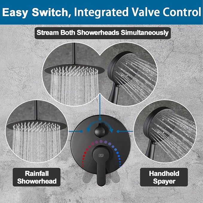 12 Inch Ceiling Mount Shower Faucet Set Matte Black Round Ceiling Shower Head and Handle Set Bathroom Rain Shower System Include Shower Valve and Trim Kit