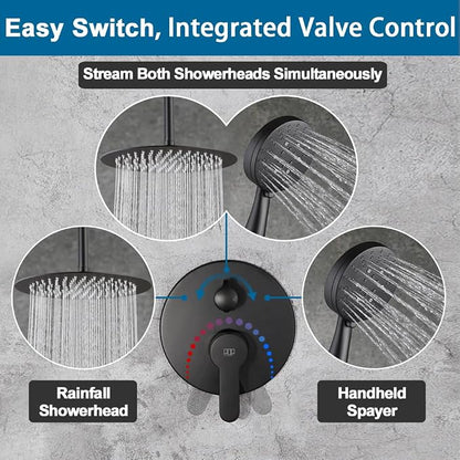 12 Inch Ceiling Mount Shower Faucet Set Matte Black Round Ceiling Shower Head and Handle Set Bathroom Rain Shower System Include Shower Valve and Trim Kit