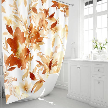 Long Shower Curtain 72x78 Inch, Tall Watercolor Orange Floral Fall Decor | Burnt Orange Modern Abstract Flower Decorative Fabric Shower Curtain Set with Hooks