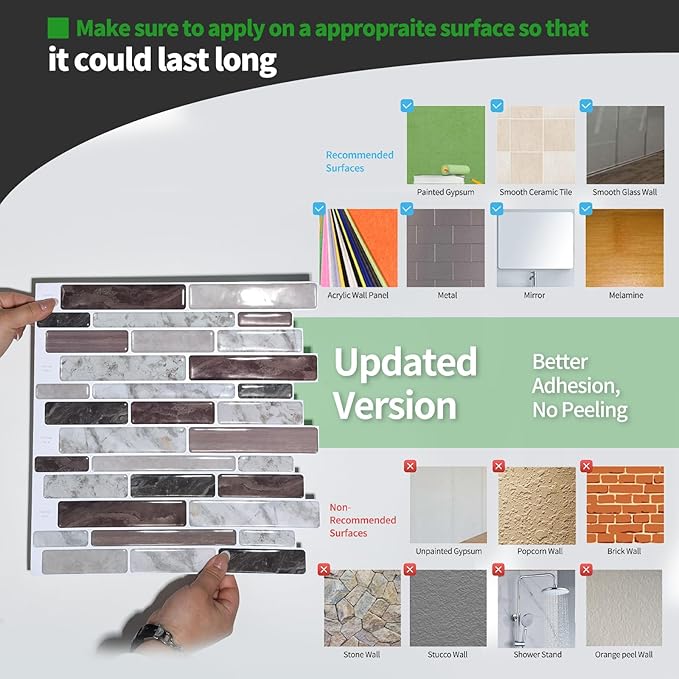LONGKING Self-Adhesive Kitchen Backsplash, Marble Look Decorative Tiles (10 Tiles) (Multi) | Peel and stick backsplash, self-adhesive wall tile, Multi, marble, waterproof, kitchen bathroom wall, 10 tiles