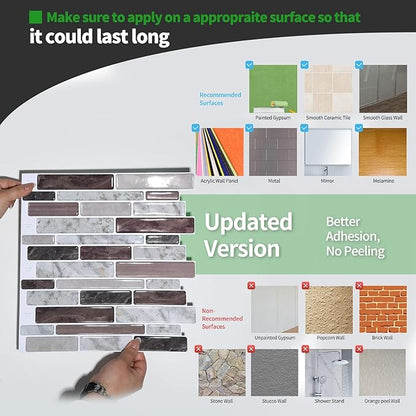 LONGKING Self-Adhesive Kitchen Backsplash, Marble Look Decorative Tiles (10 Tiles) (Multi) | Peel and stick backsplash, self-adhesive wall tile, Multi, marble, waterproof, kitchen bathroom wall, 10 tiles