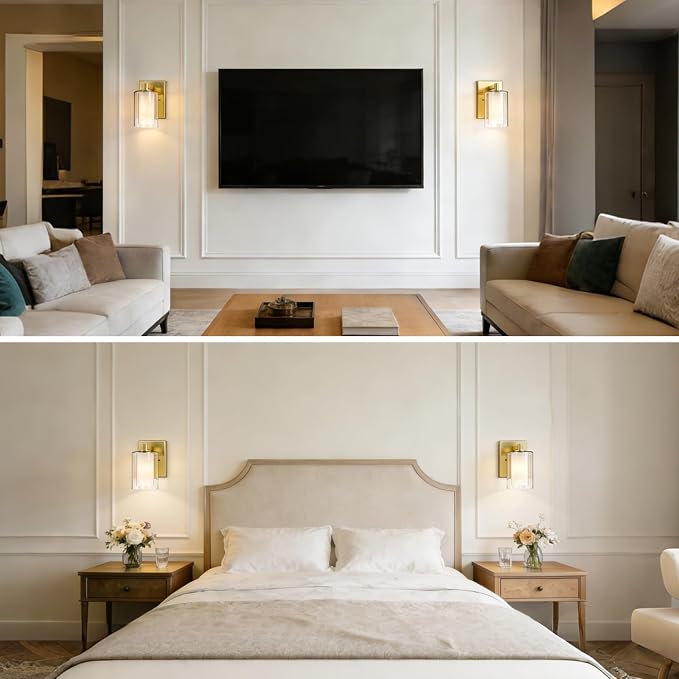 Wall Sconces Set of Two, Modern Gold Vanity Wall Lights | Double Clear Glass Shades With E26 Base, Farmhouse Wall Lights For Bathroom, Bedroom, Living Room, Mirror And Hallway.