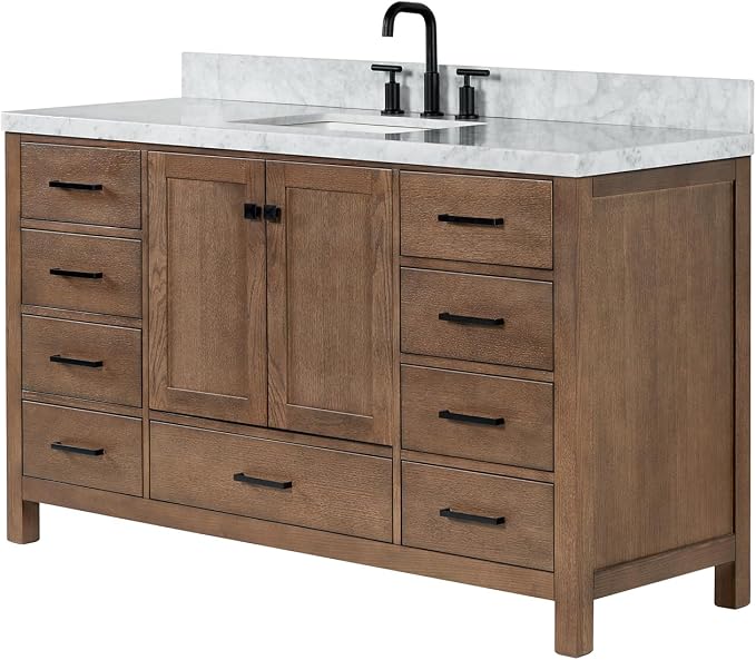 ARIEL Cambridge 60-inch Bathroom Vanity with Sink,Solid Wood, 1.5-inch Italian Carrara Marble Countertop, Single Rectangular Porcelain Sink, 2 Soft Closing Doors, 9 Dovetail Drawers, Brown Oak