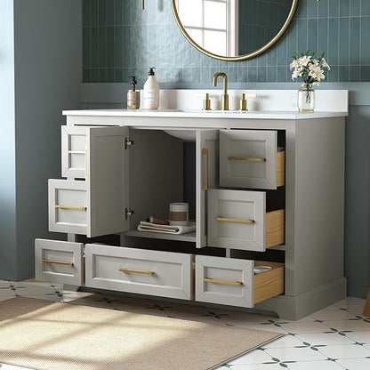 48 Inch Bathroom Vanity with Sink Combo, Solid Wood Frame with Mable Top &Backspalsh, Fully-Assembled with Soft-Closing Doors & 7 Drawers, Greige