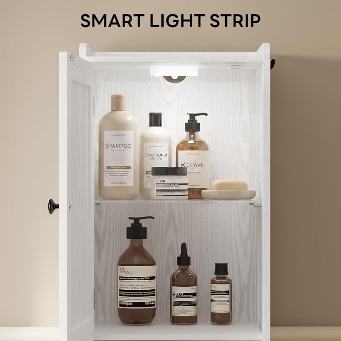 LIKIMIO Tall Bathroom Storage Cabinet with Lights, 2 Doors and 1 Drawer | Narrow Bathroom Storage Cabinet with Adjustable Shelves, 2 Hook, Slim Freestanding Cabinet for Small Space, 15.7" Wide, White