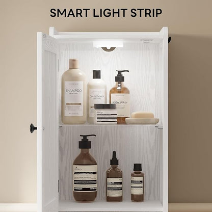 LIKIMIO Tall Bathroom Storage Cabinet with Lights, 2 Doors and 1 Drawer | Narrow Bathroom Storage Cabinet with Adjustable Shelves, 2 Hook, Slim Freestanding Cabinet for Small Space, 15.7" Wide, White