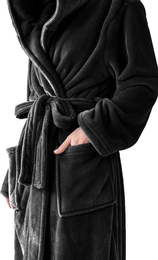 Robes for Women - Hooded Plush Fleece Bathrobe with Sash & Pockets, Full-Length Lightweight Spa Robe