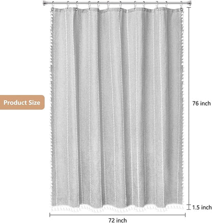 Seenus 72 x 76 inch Extra Long Boho Chic Shower Curtain Heavyweight with Tassels, Grey Linen Textured Fabric Farmhouse Shower Curtain, Elegant Gray White Striped Bathroom Curtain Water Repellent