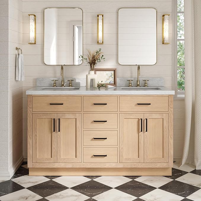 ARIEL Hepburn 60-inch Bathroom Vanity with Sink,Solid Wood, 1.5-inch Italian Carrara Marble Countertop, Double Rectangular Porcelain Sink, 4 Soft Closing Doors, 6 Dovetail Drawers, White Oak