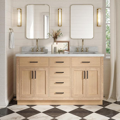 ARIEL Hepburn 60-inch Bathroom Vanity with Sink,Solid Wood, 1.5-inch Italian Carrara Marble Countertop, Double Rectangular Porcelain Sink, 4 Soft Closing Doors, 6 Dovetail Drawers, White Oak
