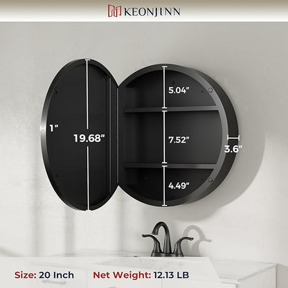 Keonjinn 20 Inch Round Medicine Cabinet with Mirror, Black Medicine Cabinet with Mirrors, Circular Surface Mount Medicine Cabinets, Framed Farmhouse Bathroom Cabinet with Adjustable Shelves