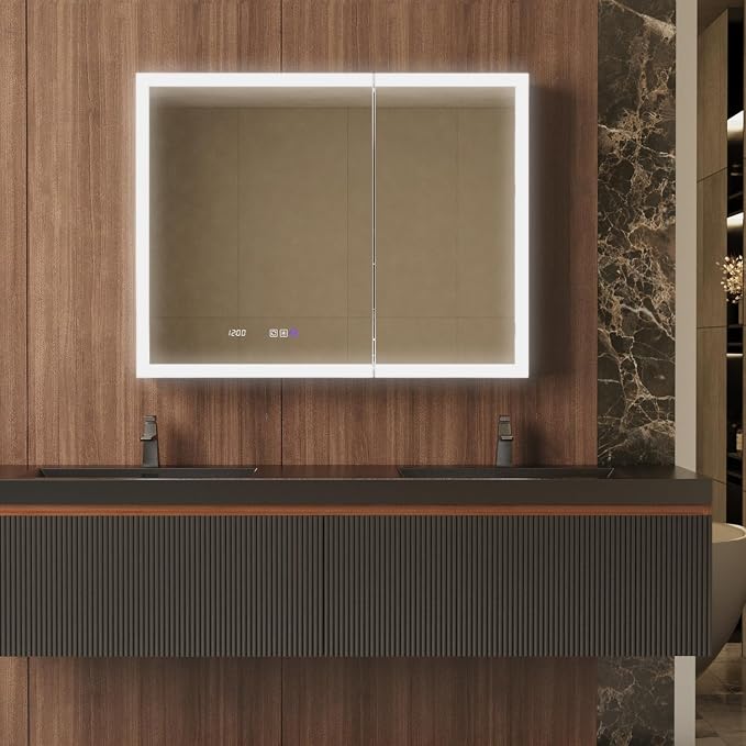 42 in. W Smart Lighted Medicine Cabinet with Mirror for Bathroom, Recessed/Surface Mount Medicine Cabinet with Anti-Fog, 1800W Charging Station, USB Ports, 3 Color Lights