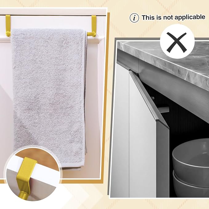 Patelai Over Cabinet Door Towel Bar, Metal Kitchen Rack,Gold | Hang Inside or Outside Cabinet for Hand Towels, No Drill Install, Bathroom Organizer, Saves Counter Space, Fits Doors
