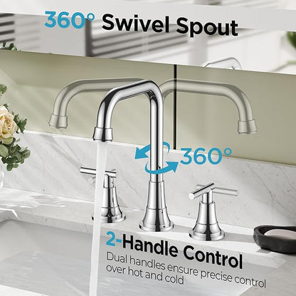 FORIOUS Widespread Bathroom Faucets Polished Chrome, 3 Hole Faucet for Bathroom Sink with Pop Up Drain for 8 Inch Vanity RV Camper Lavatory Sink