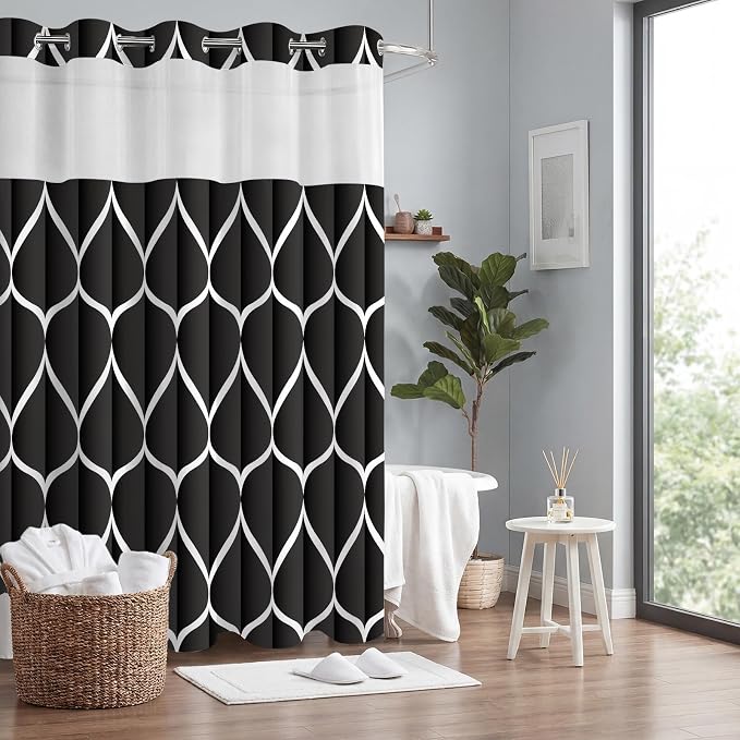 Gelbchu Black No Hook Shower Curtain with Snap-in Liner, 71 x 74 Inch | Built-In Hooks, Mesh Top Window, Water-Repellent, Machine Washable, Quick Drying, Premium Polyester, Hotel Style, Modern