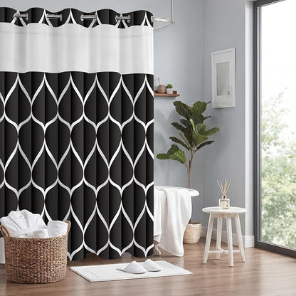 Gelbchu Black No Hook Shower Curtain with Snap-in Liner, 71 x 74 Inch | Built-In Hooks, Mesh Top Window, Water-Repellent, Machine Washable, Quick Drying, Premium Polyester, Hotel Style, Modern