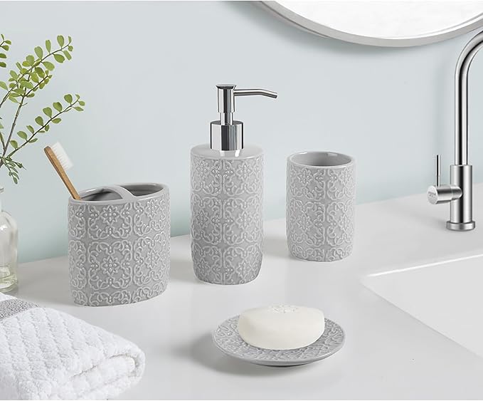 Martha Stewart Tara Bath Accessory Set Medallion, Grey | Coordinated Look for Bathroom, OEKO-TEX Certified