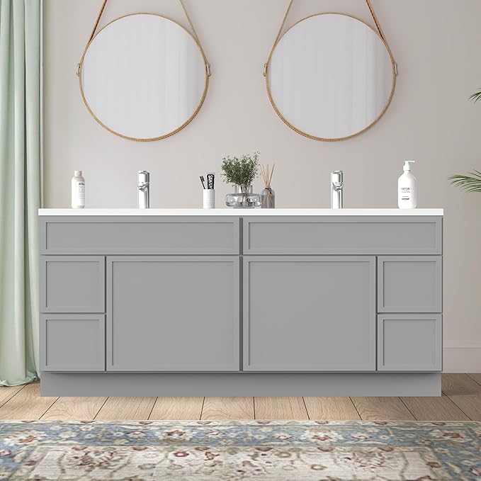 HomeBeyond 72 Inches Bathroom Vanity Base Cabinet Without Sink, Double Sink Top with Door & Soft Closing Drawers, Sturdy Floor Mounted Cabinet 2-Door 4-Drawer, Grey