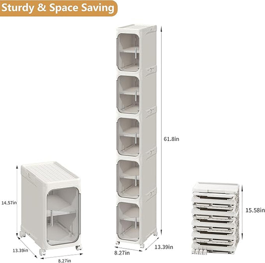 5-Tier Plastic Tall Narrow Storage Cabinet with Adjustable Shelves and Movable Wheels, Magnetic Doors, Slim Bathroom Storage for Small Space, Bathroom, Kitchen, White