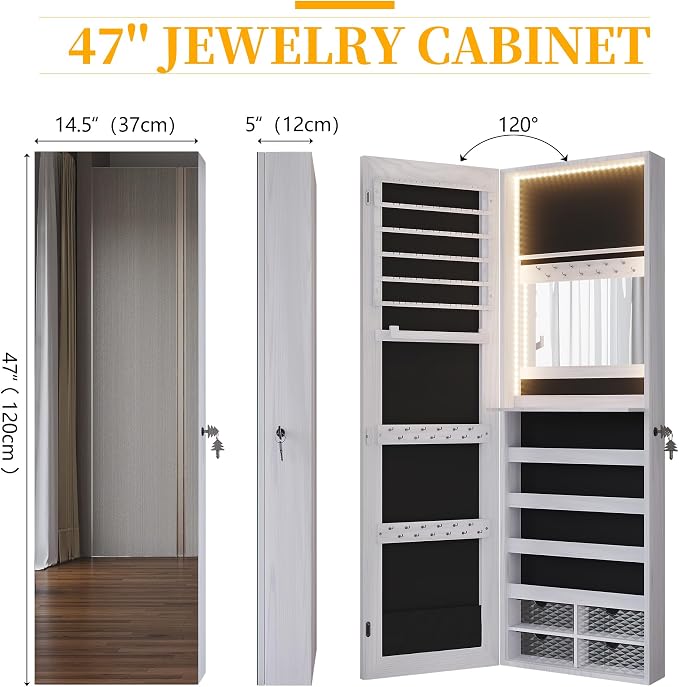 47.2" LED Jewelry Mirror Cabinet, Wall/Door Mounted Jewelry Armoire Organizer with Full Length Mirror, Large Storage Hanging Cabinet, 4 Drawers, 5 Shelves, Built-in Lighted Mirror (White)
