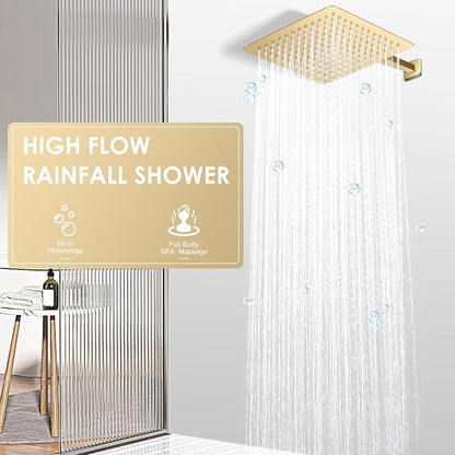 12 inch Brushed Gold Rain Shower Head - All Metal 304 Stainless Steel, Full Body Waterfall Shower with 144 Silicone Nozzles - Square Showerheads Ceiling or Wall Mount Modern Bathroom