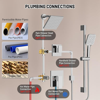 Rain Shower System - 6 inches Shower Head with Handheld Combo Set, Wall Mounted Shower Faucet Set with Slide Bar and 3-Setting Handheld Shower Head (Shower Valve and Trim Kit Included), Chrome