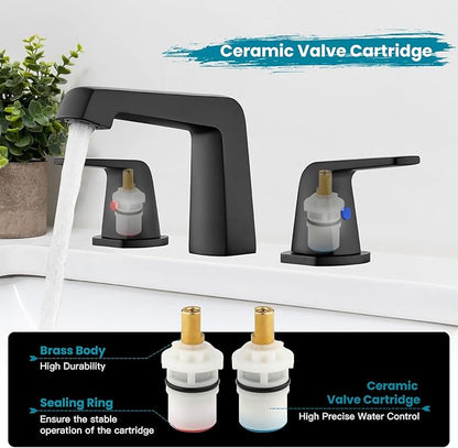 gotonovo Bathroom Sink Faucet 3 Holes 2 Handles Widespread 8 Inch Bathroom Faucet with Pop Up Drain Hot Cold Water Supply Lines Lavatory Vanity Mixer Tap, Thick Style, Matte Black
