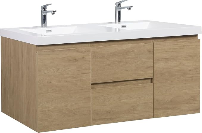 Floating Bathroom Vanity with Double Sinks, 60" Wall Mount Bathroom Vanity | Resin Top Basin and Soft Close Drawers, No Assembly Required, Natural Oak