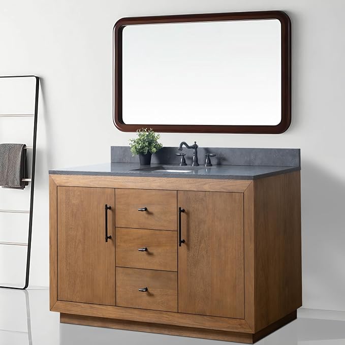 Vanity Art 60 inch Bathroom Vanity with Single Sink, Modern Wood Bath Vanity with Black Carrara Marble Top, Vanity Cabinet with Doors， Removable Shelf, Solid Wood Frame, Tan, VA7060B