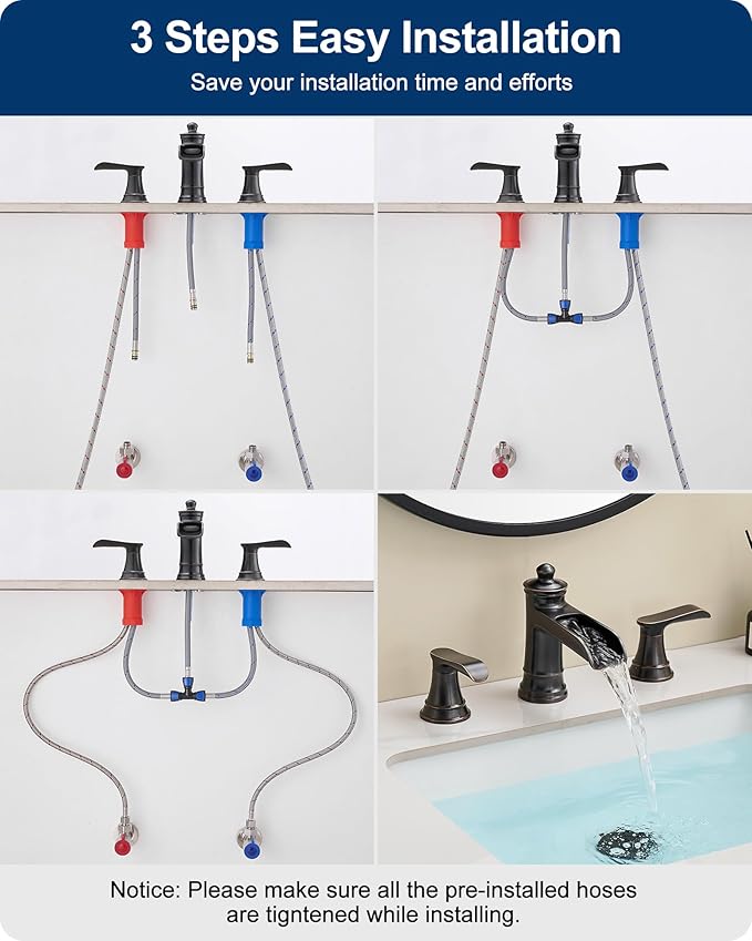 4-16 Inch Oil Rubbed Bronze Waterfall Bathroom Faucet 3 Hole, Brass Bathroom Sink Faucet 2 Handles Widespread with Pop-up Drain & cUPC Supply Hoses for Vanity, Lavatory, Restroom, Farmhouse
