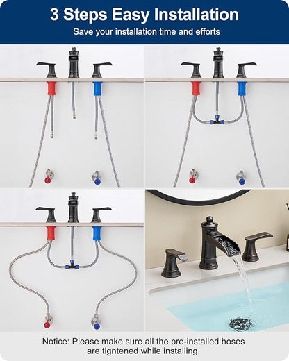 4-16 Inch Oil Rubbed Bronze Waterfall Bathroom Faucet 3 Hole, Brass Bathroom Sink Faucet 2 Handles Widespread with Pop-up Drain & cUPC Supply Hoses for Vanity, Lavatory, Restroom, Farmhouse