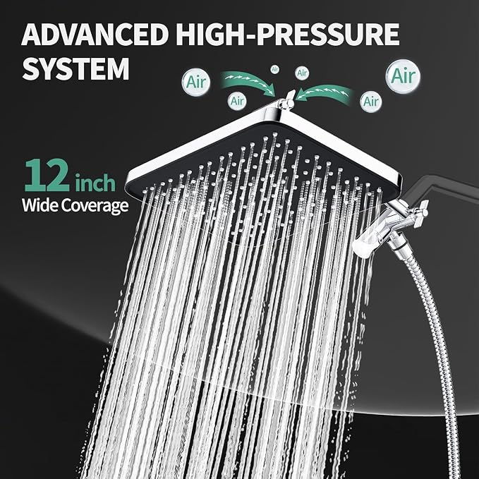 12 Inch Wide Rain Shower Head with Filtered Handheld Combo, High Pressure Rainfall Shower Head, 9 Spray Modes Handheld with 9-Inch Extension Arm, Comes with Filter Removes Chlorine (Chrome)