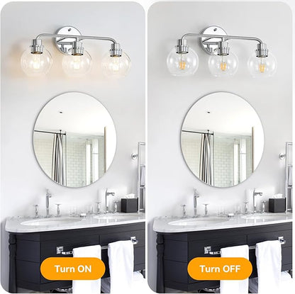 Bathroom Light Fixtures Chrome Vanity Light Silver 3 Light Modern Wall Sconces Lighting Bathroom Lights with Globe Glass Shades Bath Wall Lights Wall Lamp for Mirror Kitchen Living Room Hallway